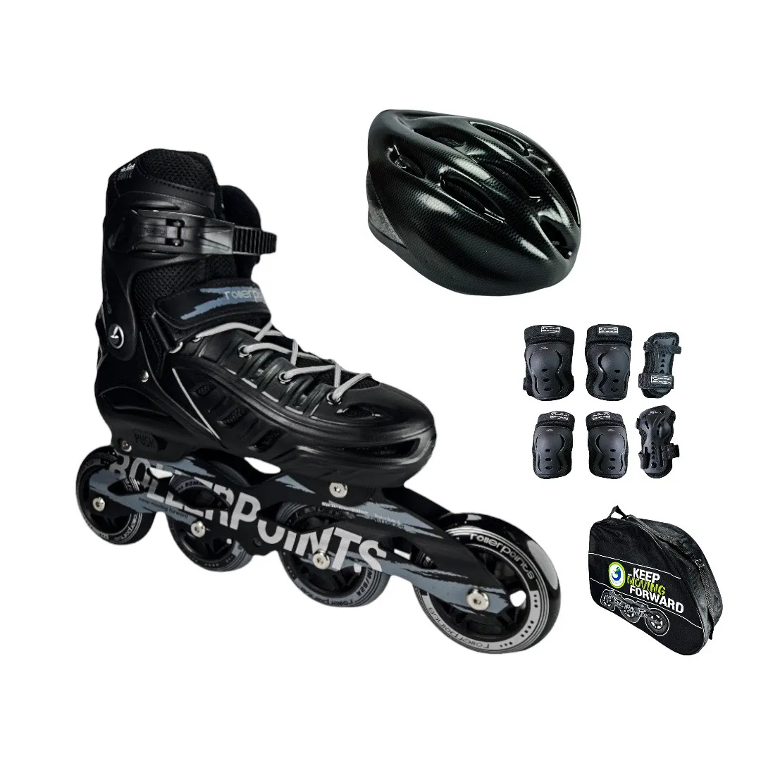 Combo Patines En Linea Semiprofesionales Roller Points Ajustables Con Casco Y Protecciones Negro