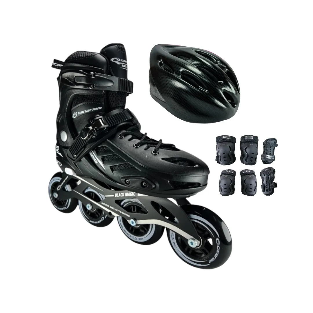 Combo Patines En Linea Semiprofesionales Canariam Black Magic Ajustables Con Casco Y Protecciones Negro