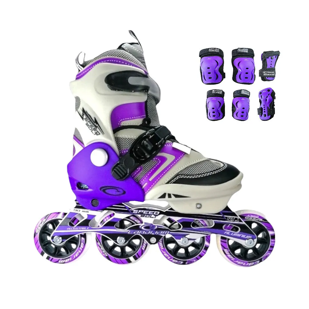 Combo Patines En Linea Semiprofesionales Canariam Speed Bolt Ajustables Con Protecciones Morado