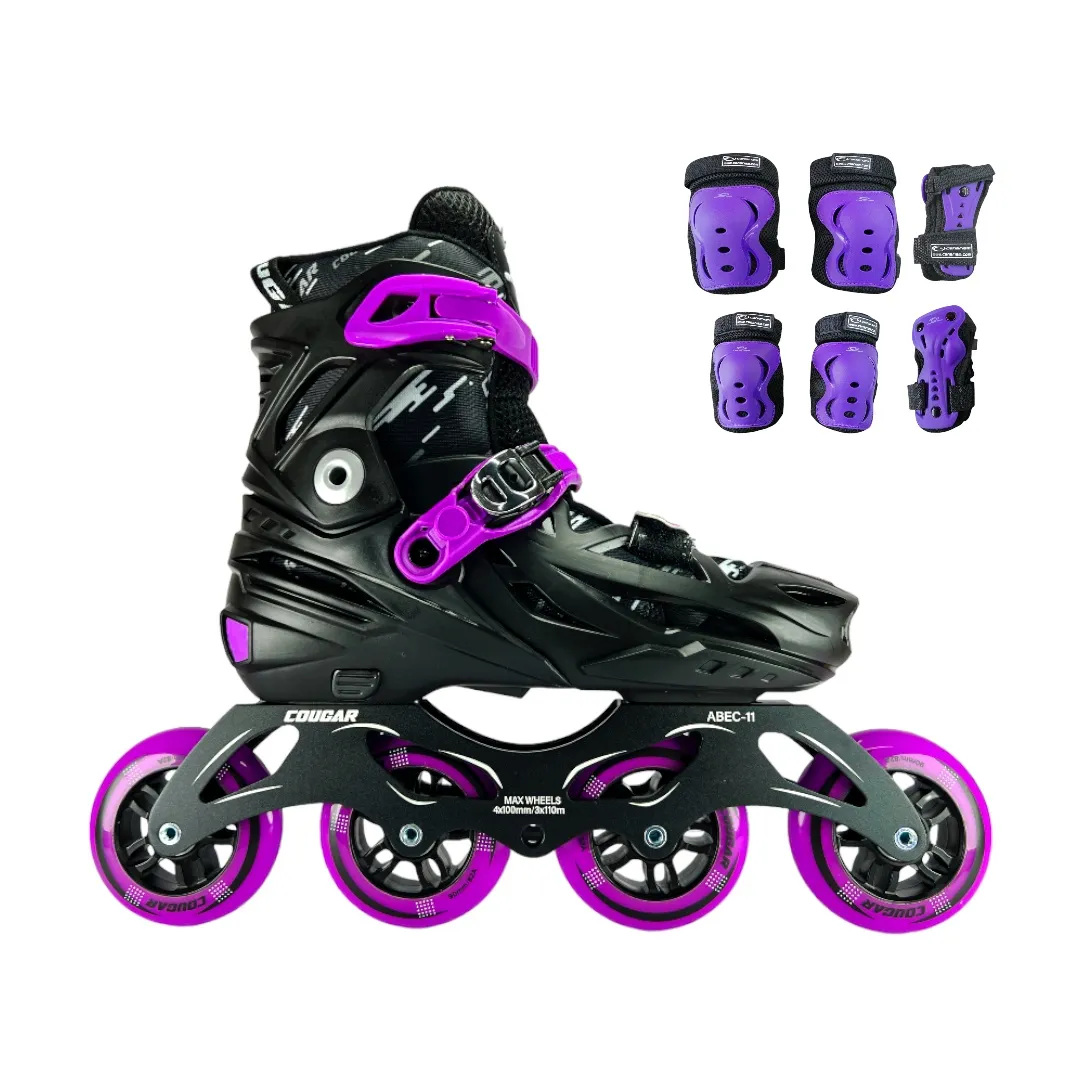 Combo Patines En Linea Semiprofesionales Cougar CR7 Ajustables Con Protecciones Morado