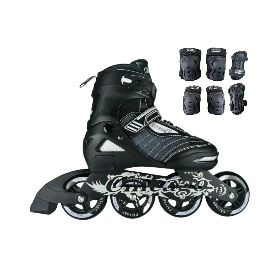 Combo Patines En Linea Semiprofesionales Chicago Best Ajustables Con Protecciones Negro