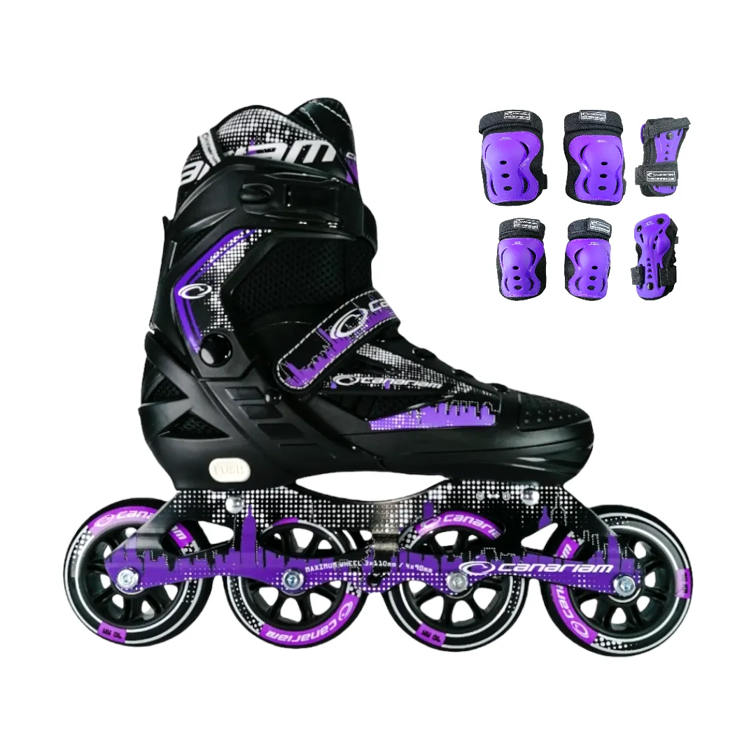 Combo Patines En Linea Semiprofesionales Canariam Roller Team Ajustables Con Protecciones Morado  