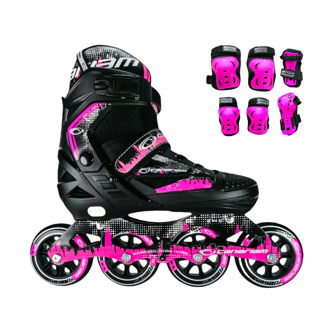 Combo Patines En Linea Semiprofesionales Canariam Roller Team Ajustables Con Protecciones Fucsia