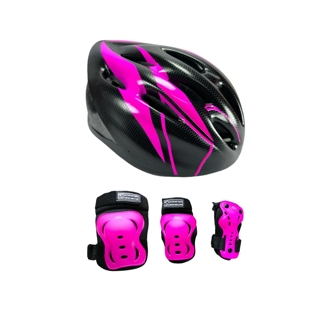 Combo Protecciones Casco Basic Aerodynamic Con Rodilleras Coderas Y Guantes Fucsia