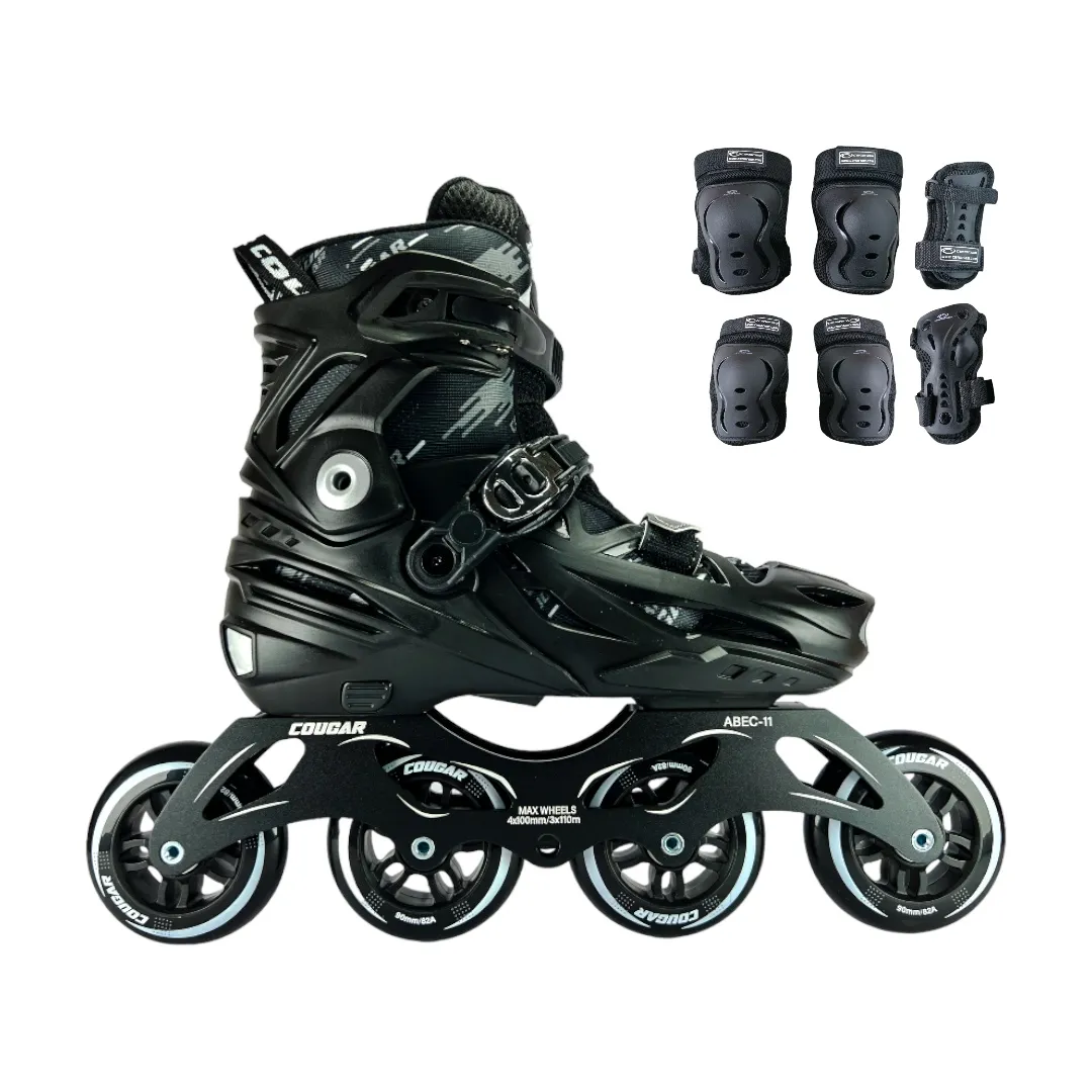 Combo Patines En Linea Semiprofesionales Cougar CR7 Ajustables Con Protecciones Negro