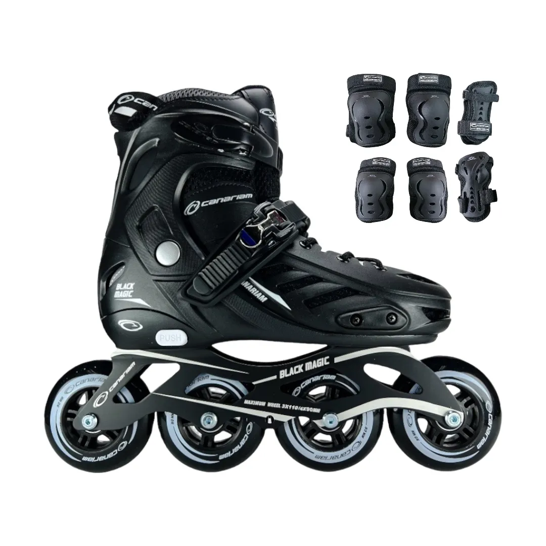 Combo Patines En Linea Semiprofesionales Canariam Black Magic Ajustables Con Protecciones Negro