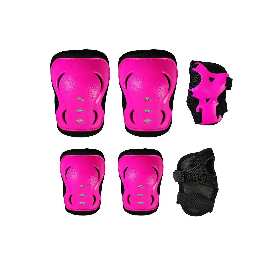 Combo Protecciones Casco Basic Aerodynamic Con Rodilleras Coderas Y Guantes Sport Fucsia