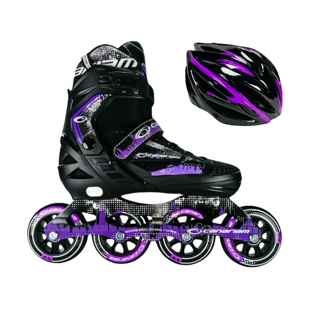 Combo Patines En Linea Semiprofesionales Canariam Roller Team Ajustables Con Casco Morado