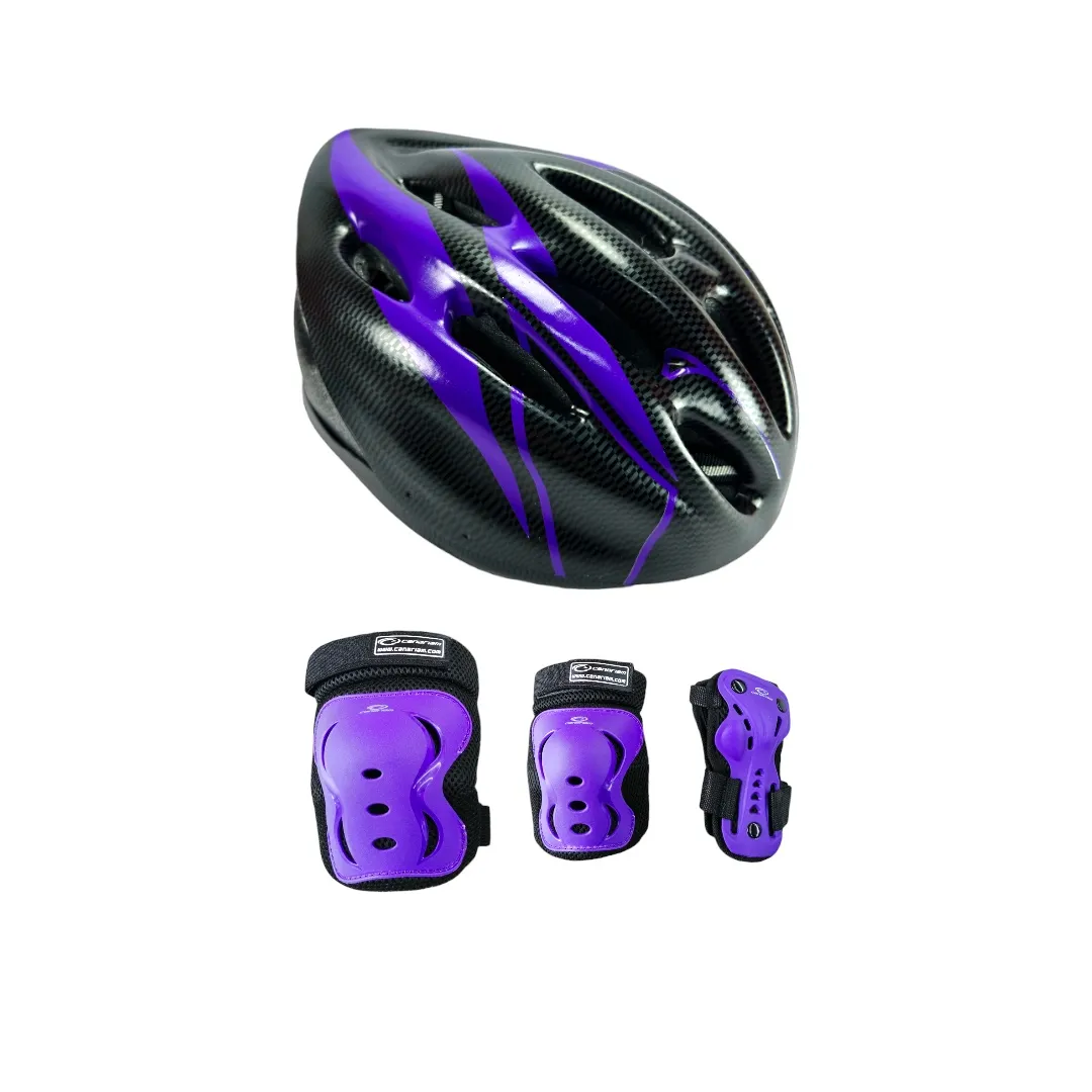 Combo Protecciones Casco Basic Aerodynamic Con Rodilleras Coderas Y Guantes Morado