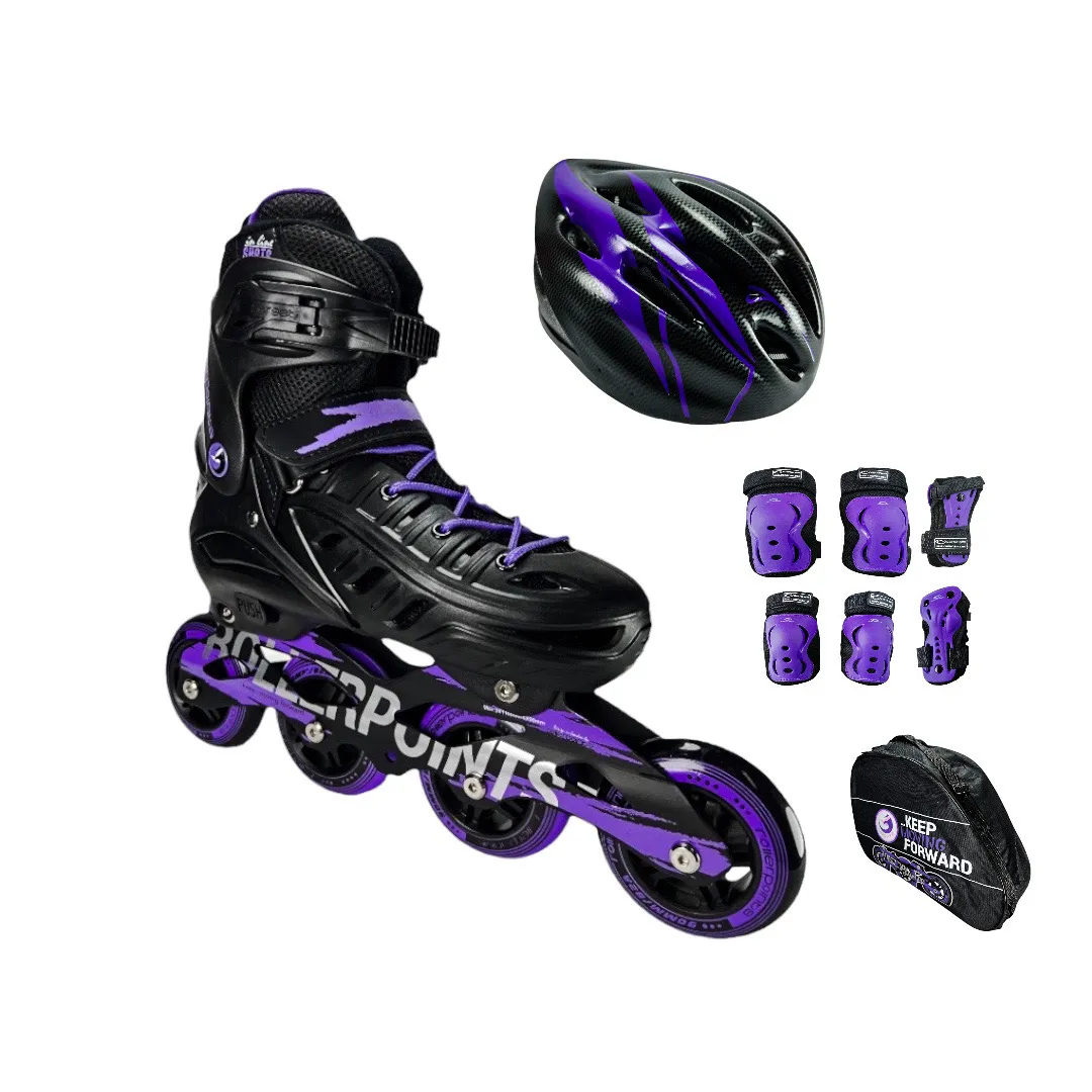 Combo Patines En Linea Semiprofesionales Roller Points Ajustables Con Casco Y Protecciones Morado