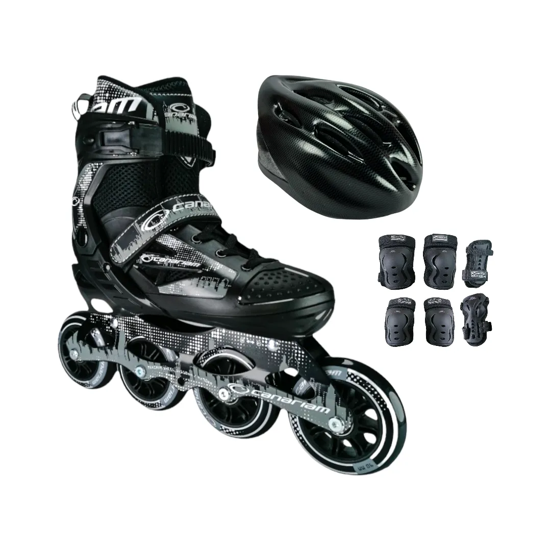 Combo Patines En Linea Semiprofesionales Canariam Roller Team Ajustables Con Casco Y Protecciones Gris