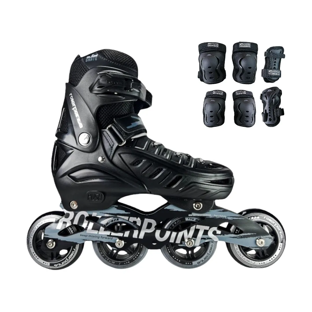 Combo Patines En Linea Semiprofesionales Roller Points Ajustables Con Protecciones Negro