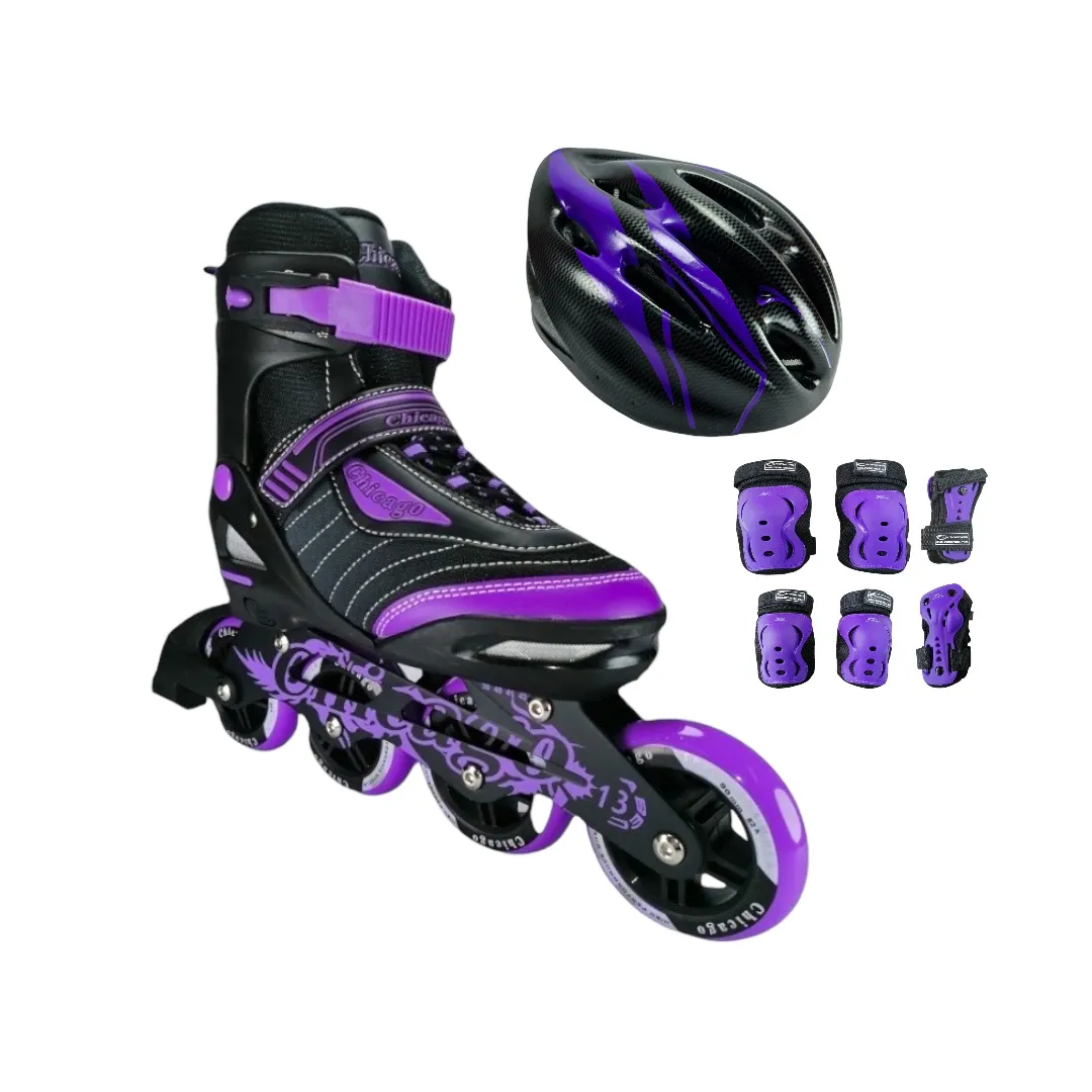 Combo Patines En Linea Semiprofesionales Chicago Best Ajustables Con Casco Y Protecciones Morado