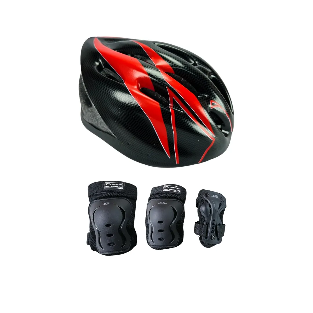 Combo Protecciones Casco Basic Aerodynamic Con Rodilleras Coderas Y Guantes Rojo