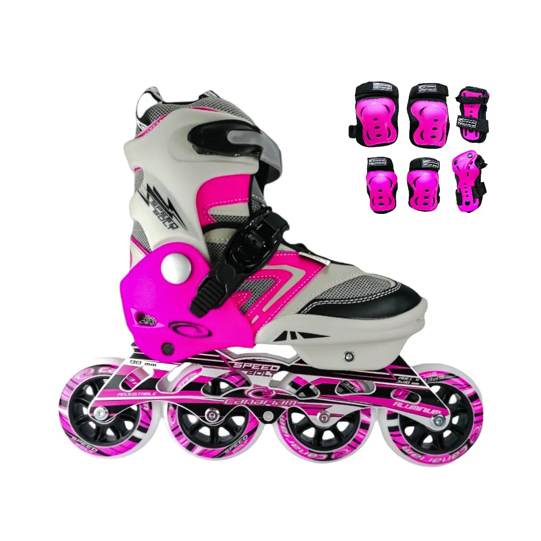 Combo Patines En Linea Semiprofesionales Canariam Speed Bolt Ajustables Con Protecciones Fucsia