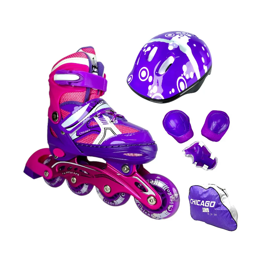 Patines En Linea Semiprofesionales Kit Chicago Ajustables Con Luces Y Protecciones Morado