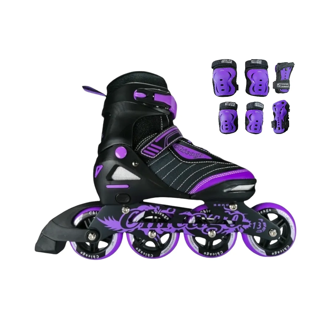 Combo Patines En Linea Semiprofesionales Chicago Best Ajustables Con Protecciones Morado