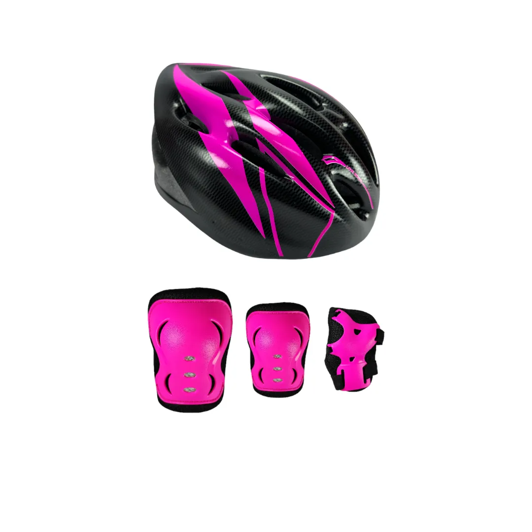 Combo Protecciones Casco Basic Aerodynamic Con Rodilleras Coderas Y Guantes Sport Fucsia