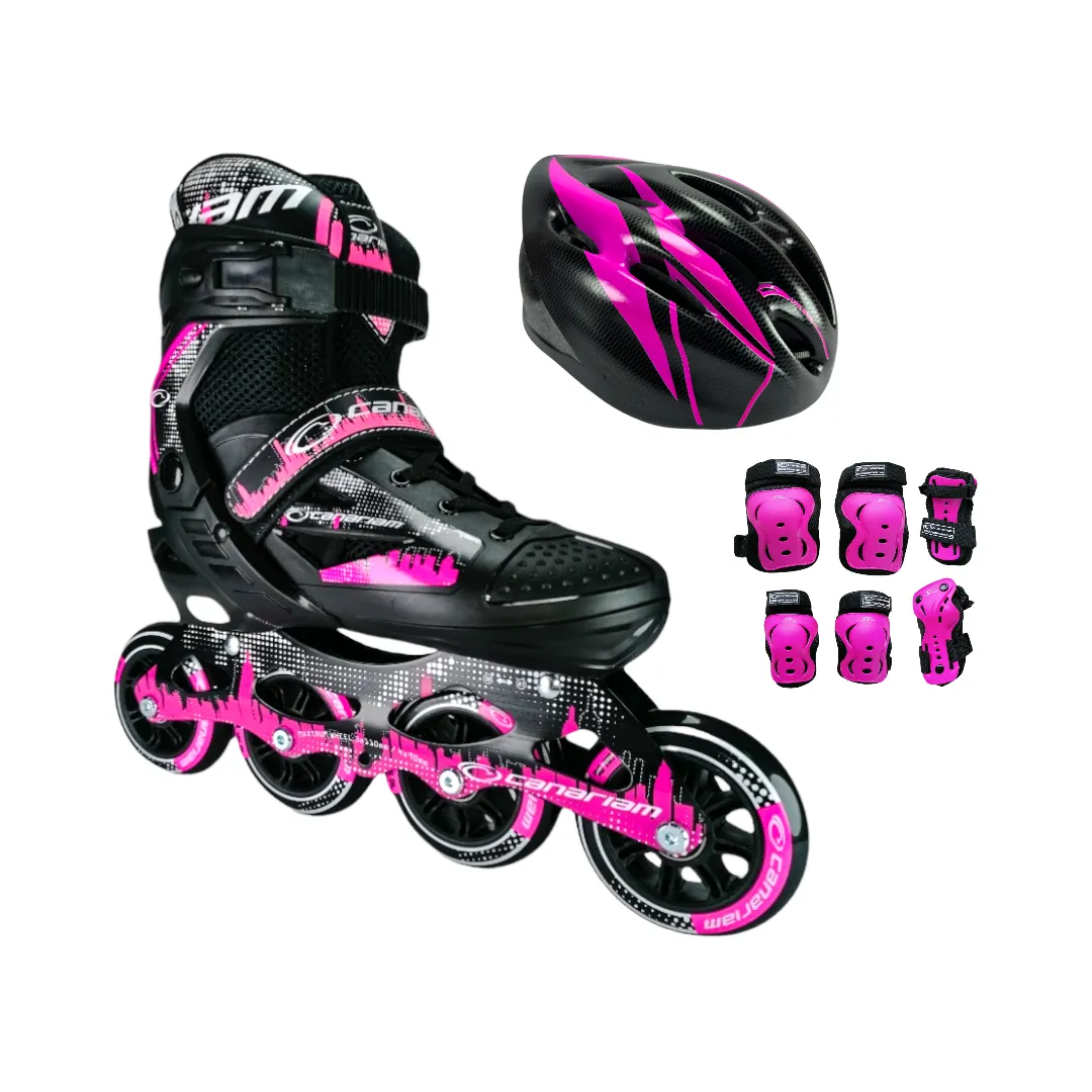 Combo Patines En Linea Semiprofesionales Canariam Roller Team Ajustables Con Casco Y Protecciones Fucsia