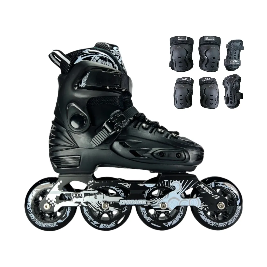 Combo Patines En Linea Semiprofesionales Chicago Magic Ajustables Con Protecciones Negro 