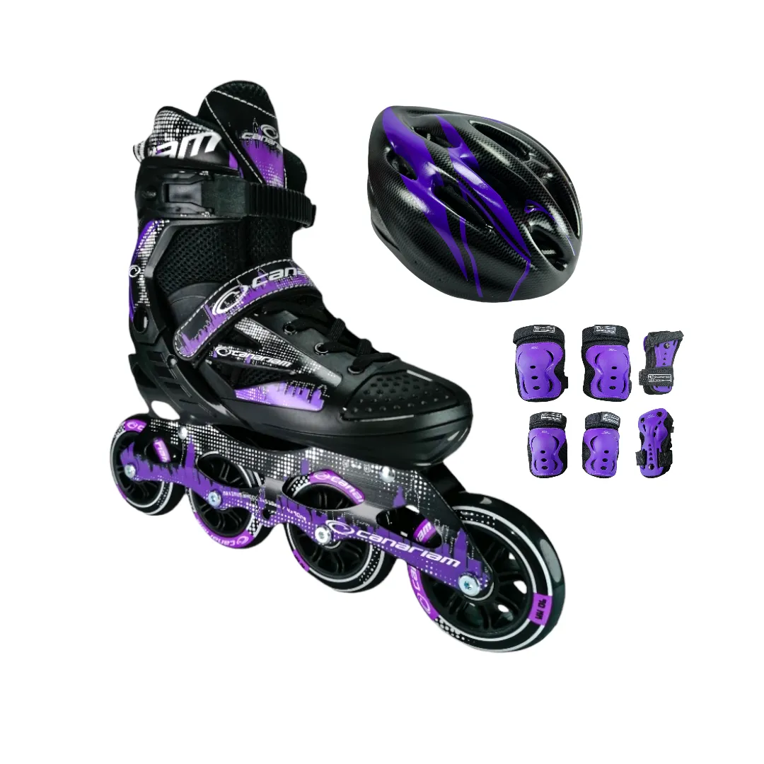 Combo Patines En Linea Semiprofesionales Canariam Roller Team Ajustables Con Casco Y Protecciones Morado