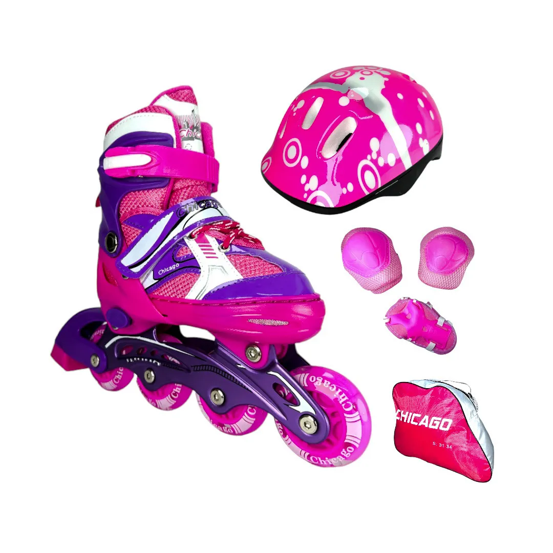 Patines En Linea Semiprofesionales Kit Chicago Ajustables Con Luces Y Protecciones Fucsia