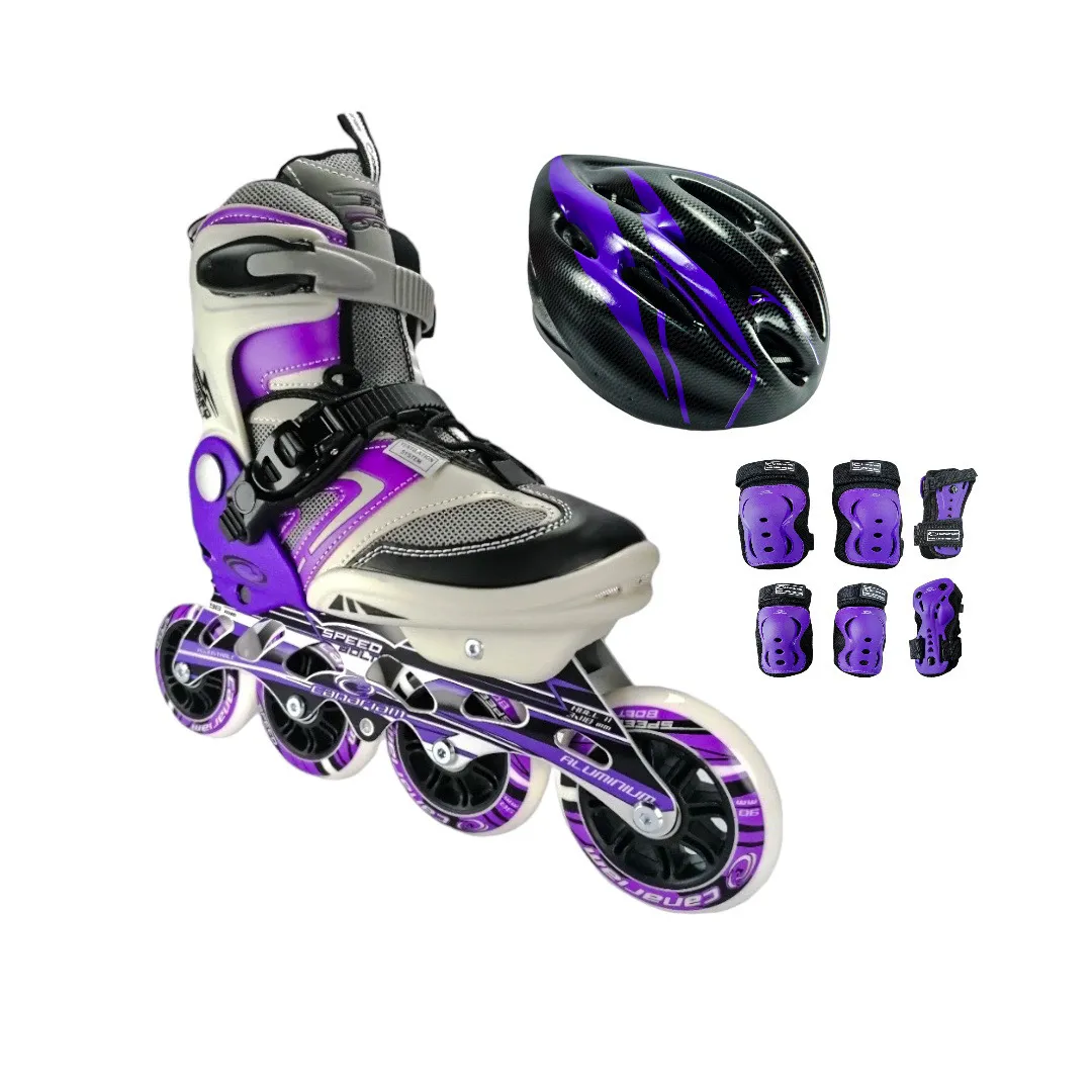 Combo Patines En Linea Semiprofesionales Canariam Speed Bolt Ajustables Con Casco Y Protecciones Morado