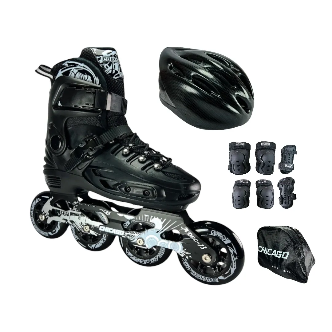 Combo Patines En Linea Semiprofesionales Chicago Magic Ajustables Con Casco Y Protecciones Negro