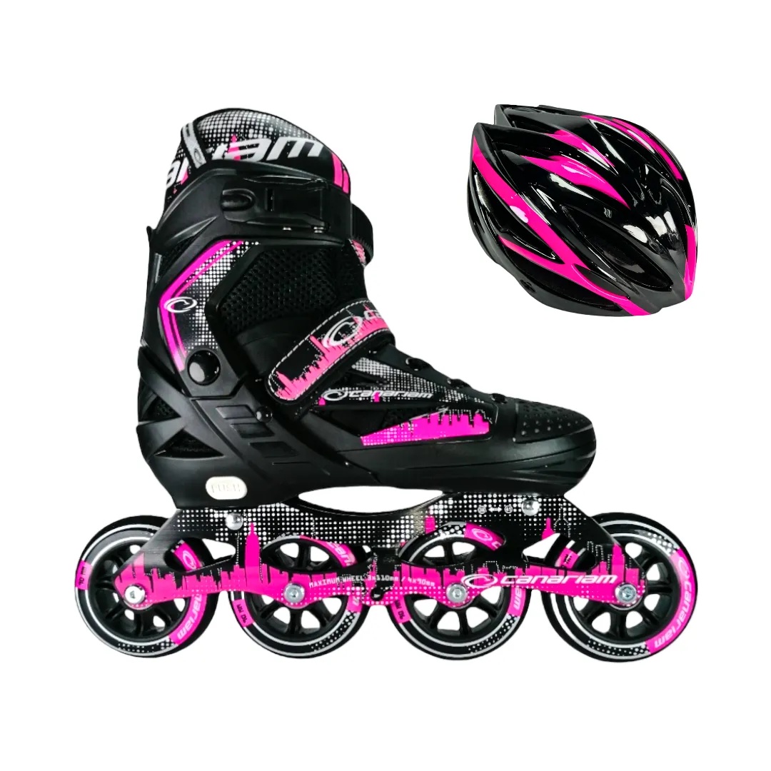 Combo Patines En Linea Semiprofesionales Canariam Roller Team Ajustables Con Casco Fucsia