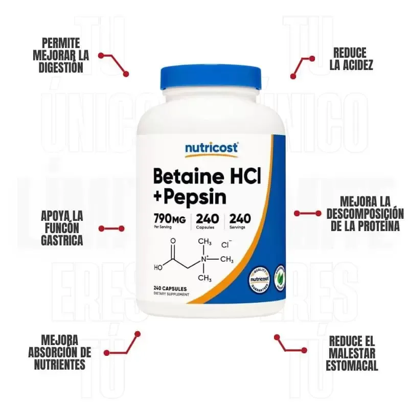 Betaina HCL + Pepsina 240 Capsulas Nutricost