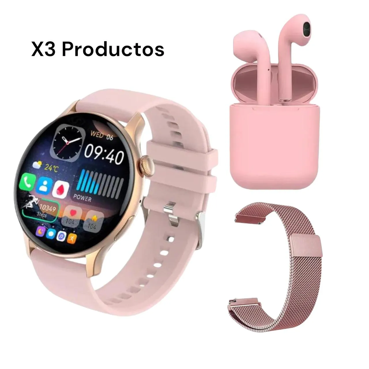 Combo Reloj Inteligente SmartWatch Sumergible + Audífonos I12 Bluetooth Rosa