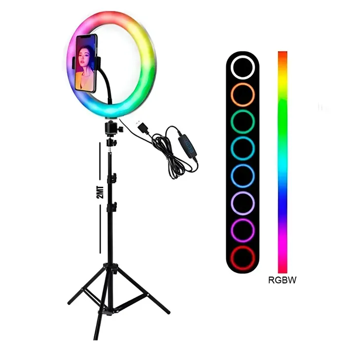 Aro De Luz RGB 36Cm + Tripode 2.10 Metros+ Soporte Celular