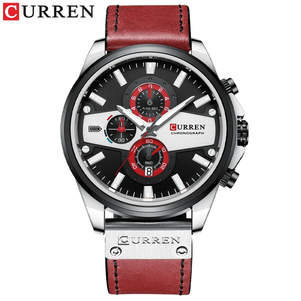 Reloj Curren 8394 Original Para Caballero Correa Cuero (Plateado Con Rojo)