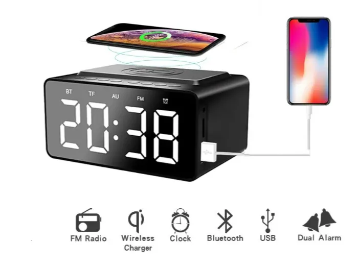 Reloj Despertador Digital Led Con Altavoz Bluetooth Con Cargador Inalambrico