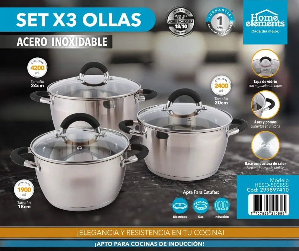 Set Ollas Acero Tapa Vidrio