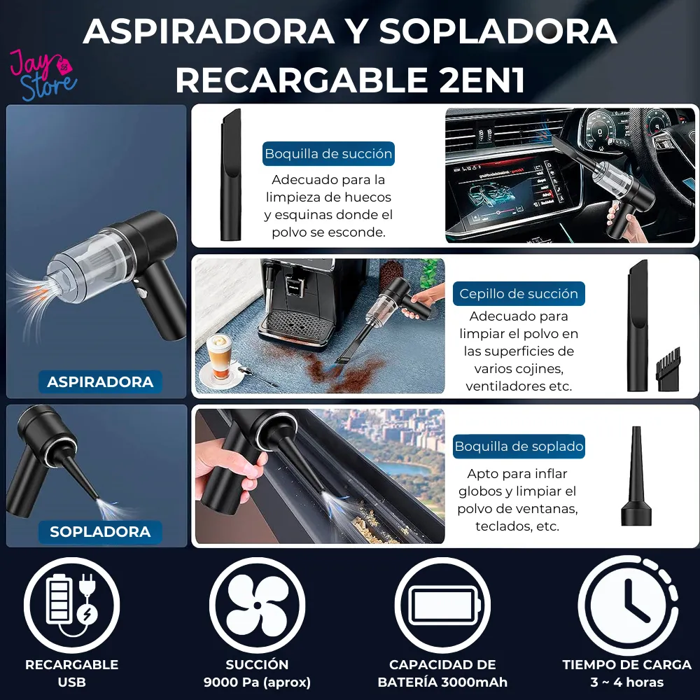 Aspiradora Recargable Portátil Sopladora 2en1 Para Hogar Carro