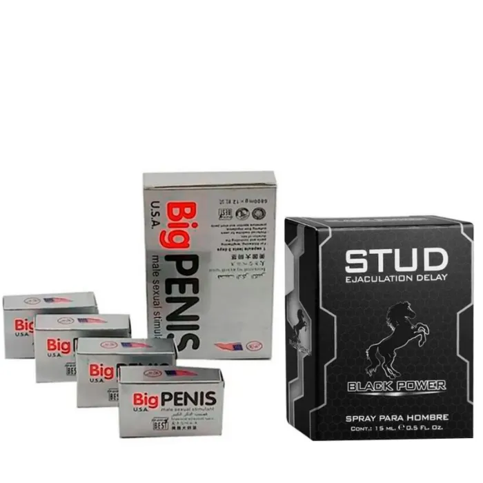 Big Penis Potenciador Sexual Estimulante Masculino *12 Servicios + Retardante En Spray Para Hombre Stud Black Power 15Ml