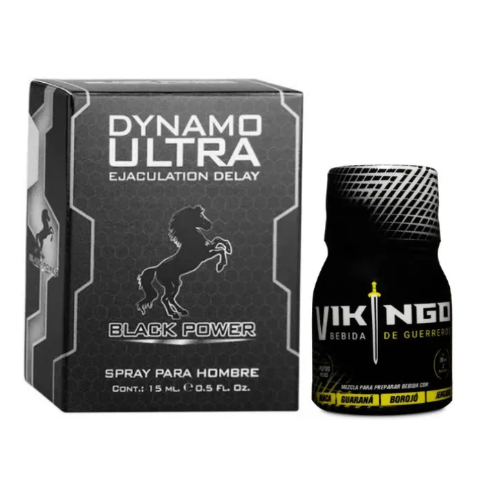 Retardante En Spray Para Hombre Dynamo Ultra Black Power 15 Ml  + Potenciador Sexual Vikingo Bebida Para Guerreros 30 ML 