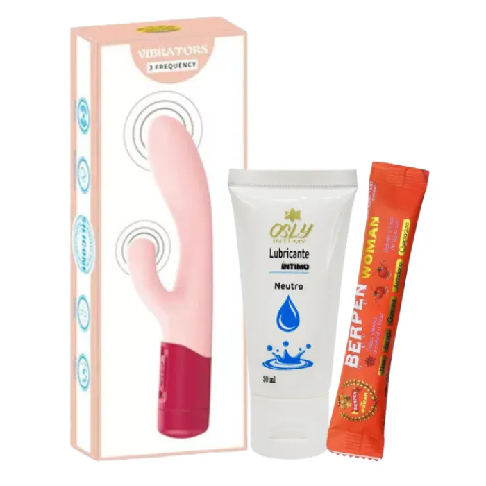 Vibrador Doble Estimulo Con 3 Frecuencias De Vibración (Débil, Medio, Fuerte) + Lubricante Neutro A Base De Agua Osly 30 Ml + Sachet Potenciador Y Estimulante Sexual Femenino Berpen Woman