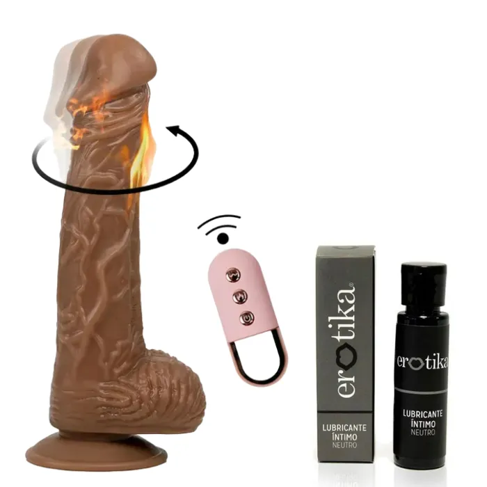 Vibrador Consolador Realista Giratorio A Control Remoto Con Calefaccion + Lubricante Intimo Neutro Erotika 30 Ml