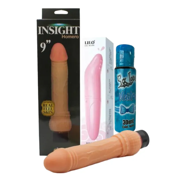 Vibrador Consolador Realista Vibración De Múltiples Velocidades Homero 9”  + Bala Vibradora Punto G Lilo + Lubricante Neutro 30 Ml Sex Love