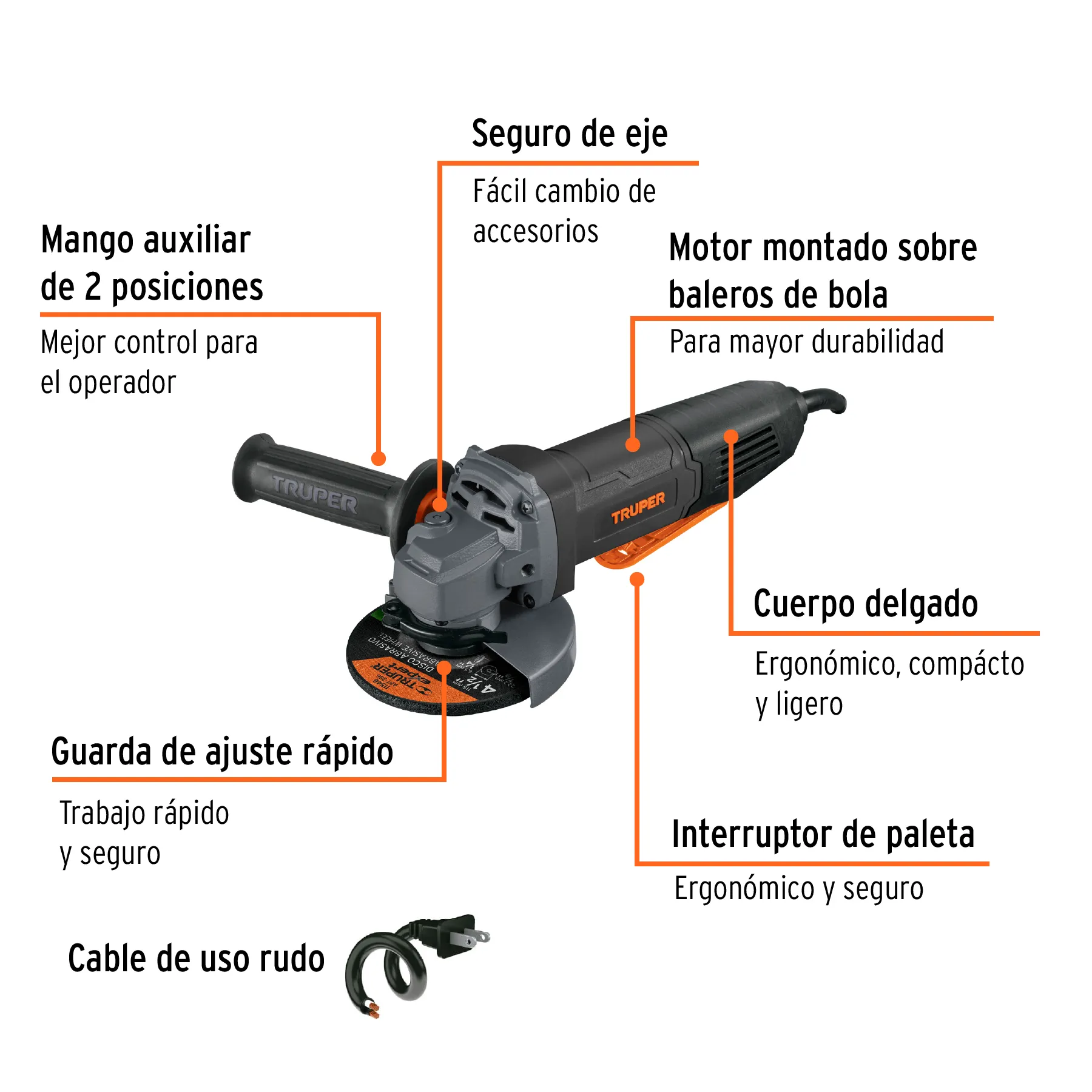 Esmeriladora 4-1/2" 850 W Industrial Con Interruptor De Paleta Marca Truper 