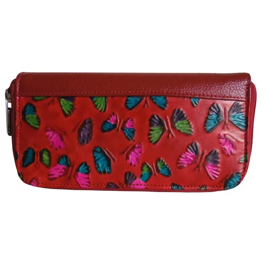 Billetera Doble Cuerpo En Cuero Para Mujer CALZADO GUERREROS CB-003 Rojo Mariposas Multicolor