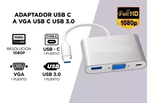 Adaptador Convertidor 3 En 1 Tipo C 3.0 A Tipo C Vga Y Usb