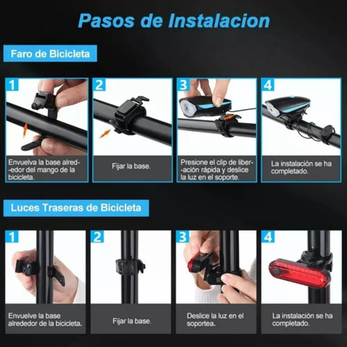 Luz Linterna Con Pito Bicicleta Recargable + Luz Trasera Usb