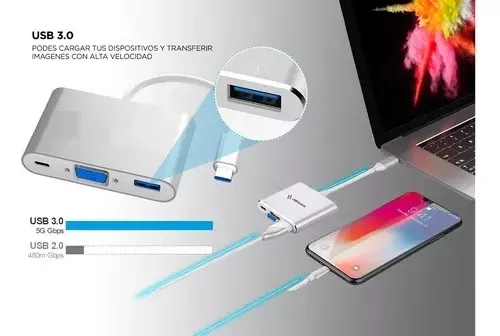 Adaptador Convertidor 3 En 1 Tipo C 3.0 A Tipo C Vga Y Usb