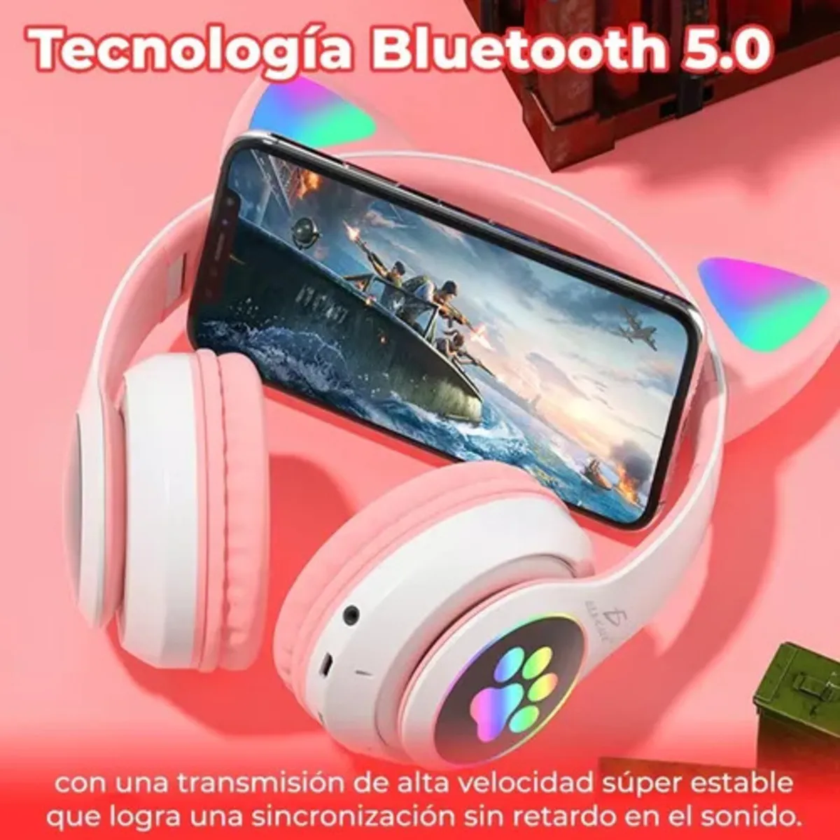 Diadema Gato Auriculares Bluetooth Colorido Led Luminoso