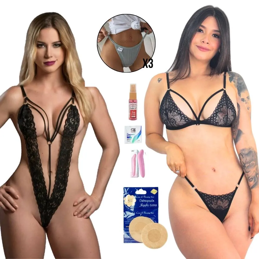 Kit x9 Piezas Lencería Sexy Femenina Encaje + Tanga Panty 