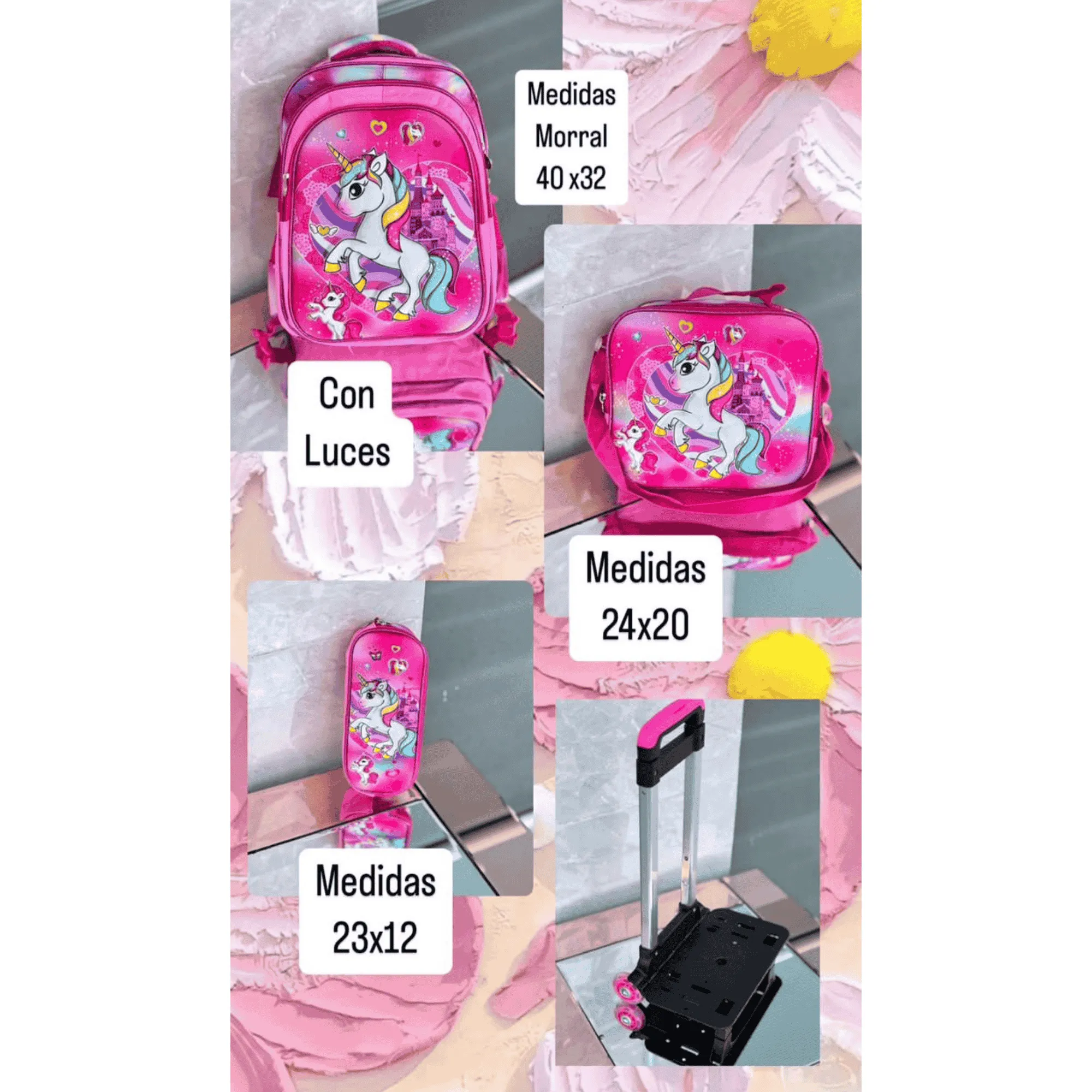 Combo Escolar Con luces Incluye Morral + Lonchera+Cartuchera Unicorno