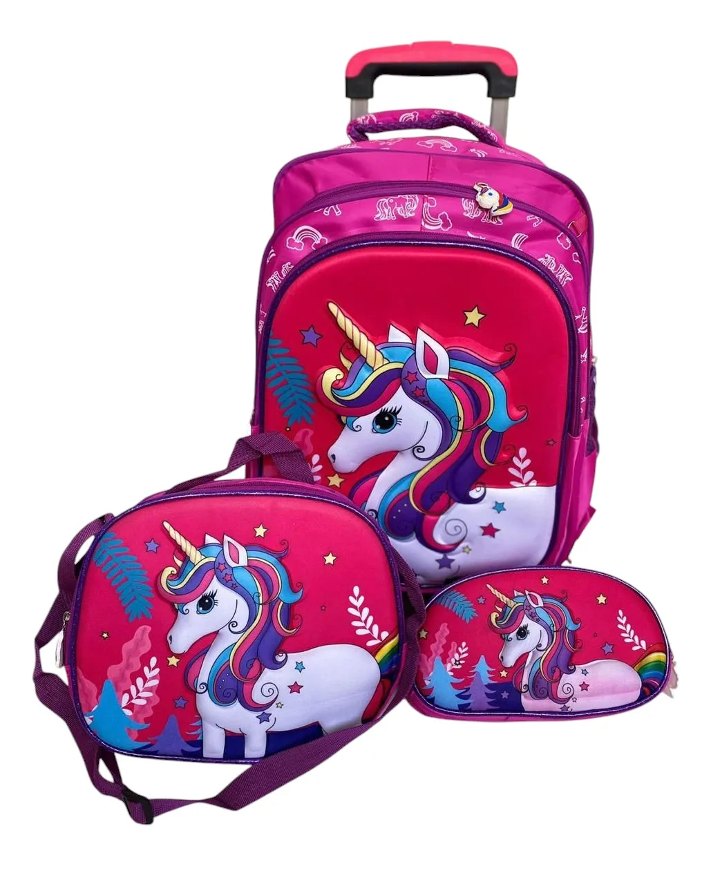 Morral Escolar Trio Con Rueditas Para Niña X 3 -  Unicornio